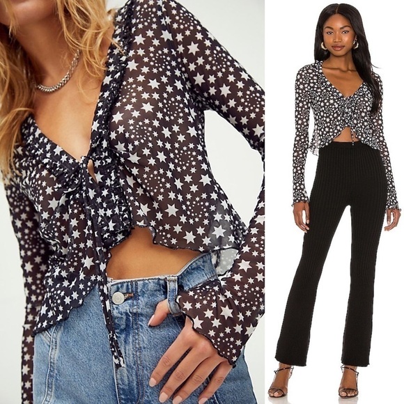NEW FREE PEOPLE Y2K Sheer Star Tie Front Ruffle V-Neck Long Sleeve Crop Top XS - Picture 12 of 15